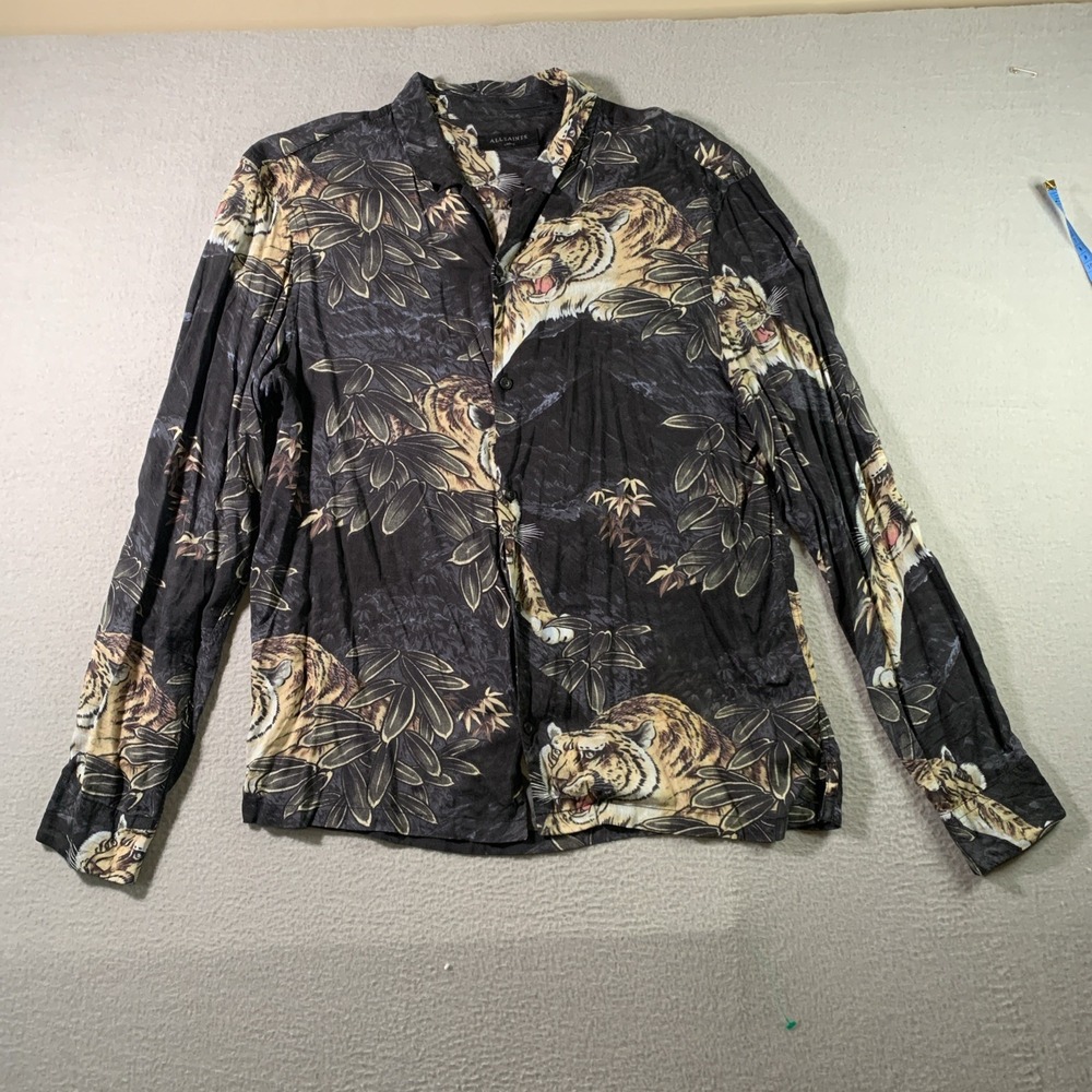 All Saints Camp Shirt Mens Large Loop Collar Viscose Tiger Jungle Print LS
